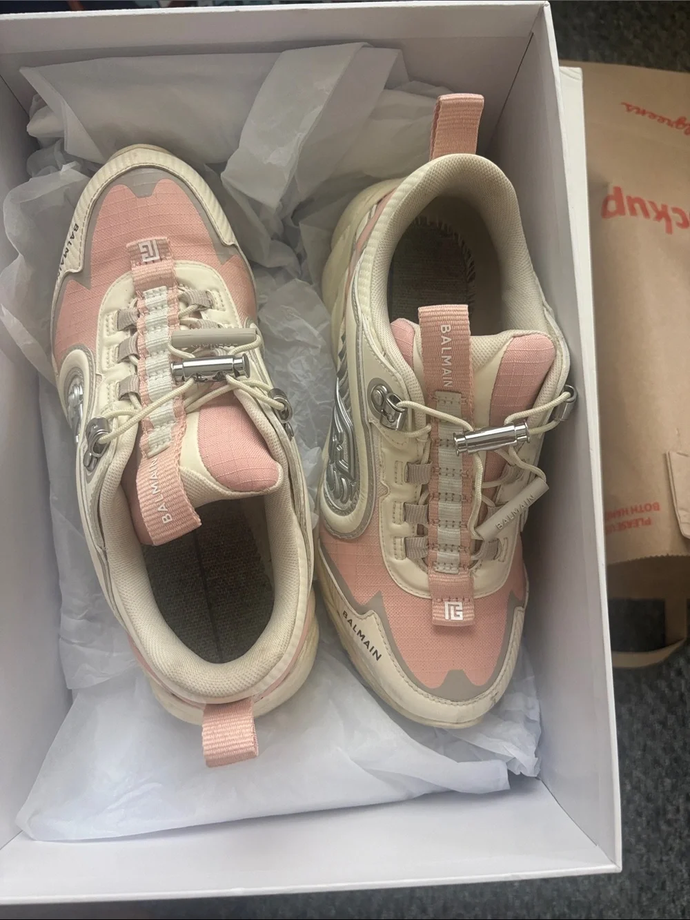 Balmain Pink Cream Mixed-Material Platform Sneakers